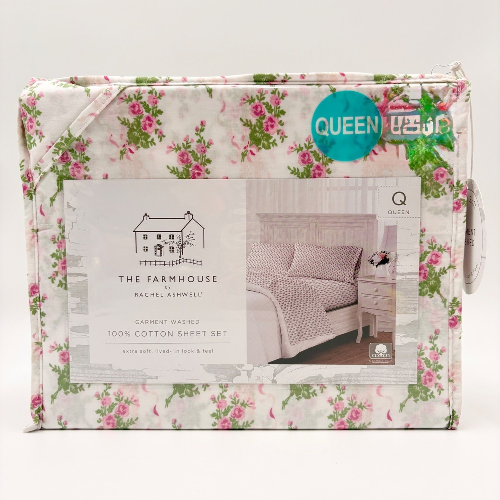 The Farmhouse Rachel Ashwell Queen Cotton Sheet Set Pink Floral Rose 4pc NEW